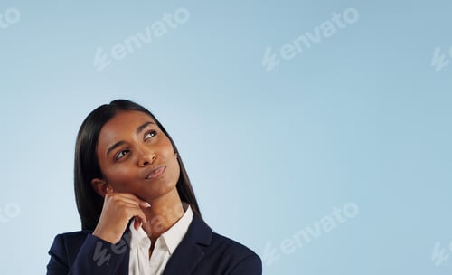Preview: Thinking, solution or businesswoman in studio for problem solving or space on blue background. Idea