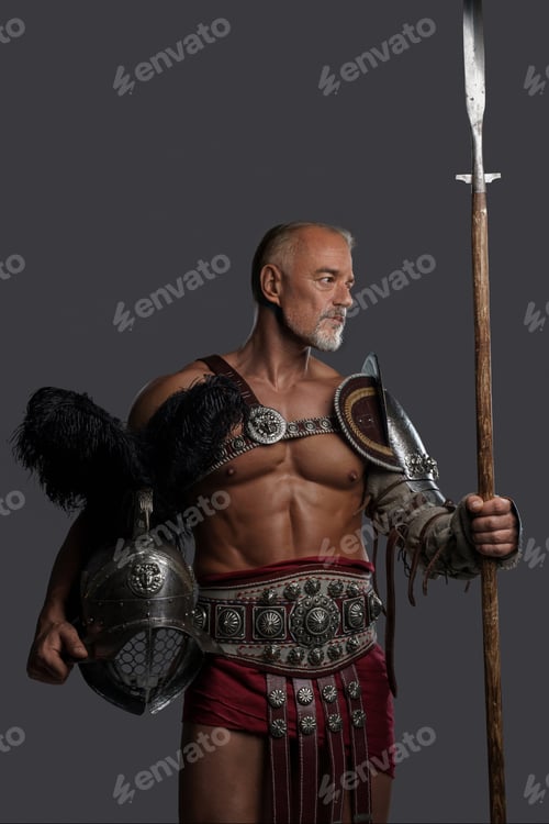 Preview: Gladiator in lightweight historical armor against grey studio background