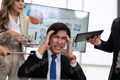 Preview: Stressed overwhelmed business worker feels tired at work overload exhausted suffering from headache