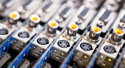 Preview: Close-up blurry metal sockets on a computer video board