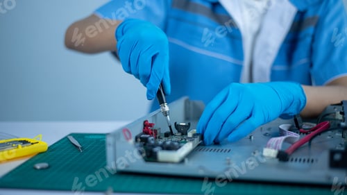Preview: Technician under fixed digital video recorded CCTV board and battery chip test for maintenance is el