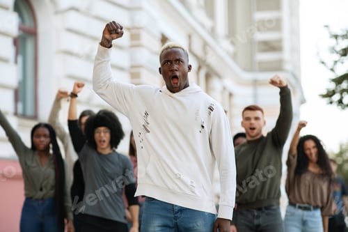 Preview: Black man raising fist up, leading international group of students
