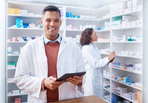 Preview: Tablet, man and portrait of pharmacist in pharmacy for healthcare stock or online consultation. Med