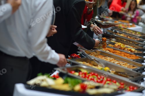 Preview: People Group Catering Buffet Food Indoor In Luxury Restaurant With Meat Colorful Fruits And