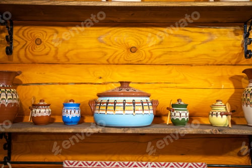 Preview: Old fashioned kitchen utensils in Russian folk style on wooden wall background