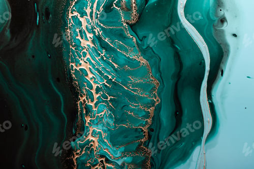 Preview: Acrylic Fluid Art. Dark green waves in abstract ocean and golden foamy waves.