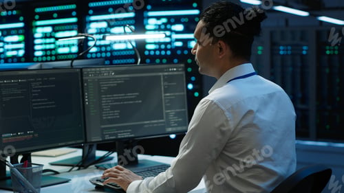 Preview: Man in server room tracking network traffic