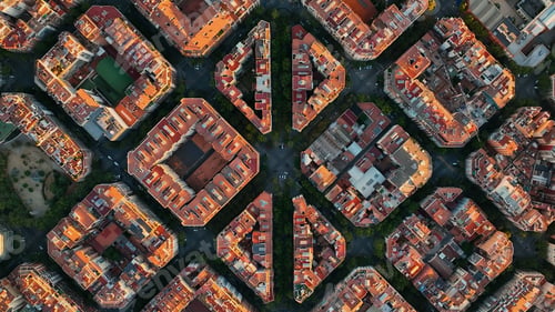 Preview: Aerial view of typical buildings of Barcelona cityscape. Eixample residential famous urban grid