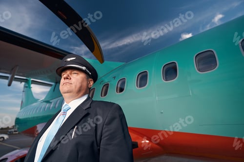 Preview: Self-assured pilot standing near airplane and looking ahead