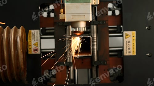 Preview: Industrial Laser cutting the edge of a square shaped pipe. Creative. Automated Industrial machine