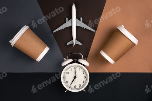 Preview: White alarm clock, paper cups and airplane model on paper background, top view.