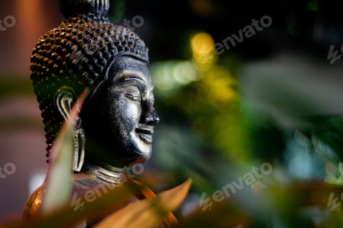 Preview: buddha statue in interior garden at tropical bar in thailand