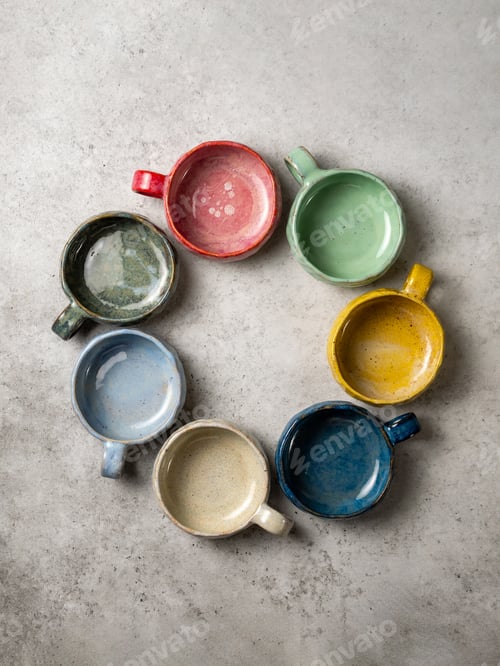 Preview: Overhead View of Colorful Ceramic Cups