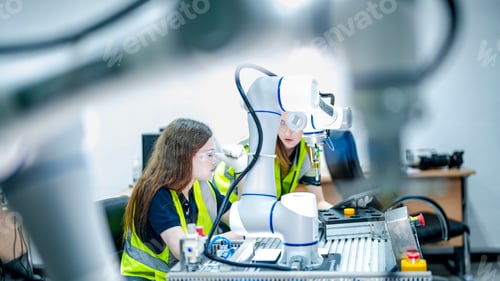 Preview: Two female engineers represent the future of work, using AI and robotics to optimize production