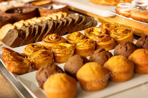 Preview: Close-up variety of freshly baked pastries, muffins and sweet rolls displayed on buffet table