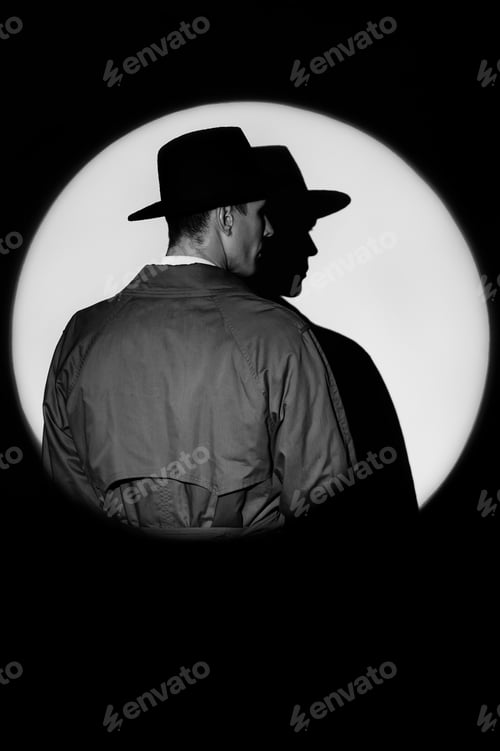 Preview: A dark silhouette of a male detective in a coat and hat in the noir style.