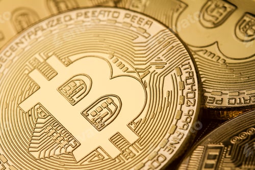 Preview: pile of golden bitcoins background texture closeup