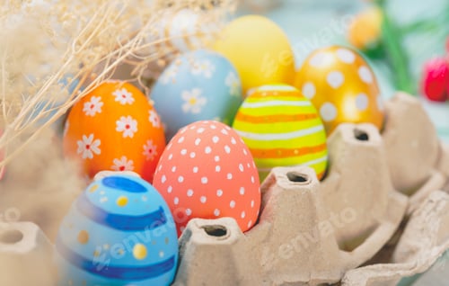 Preview: Happy easter Day. Easter eggs on wooden background. Greetings and presents for Easter Day