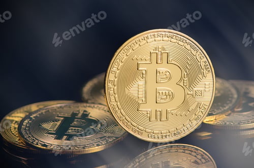 Preview: Bitcoin e-cryptocurrency on black background.