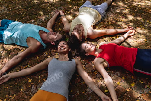 Preview: Smiling multiracial male and female friends relaxing together with arms outstretched on ground