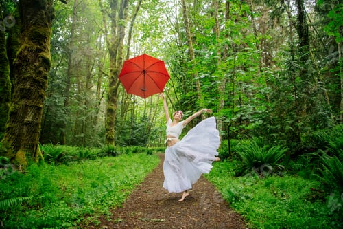Preview: A joyful ballet dancer holding a red umbrella twirls along a forest