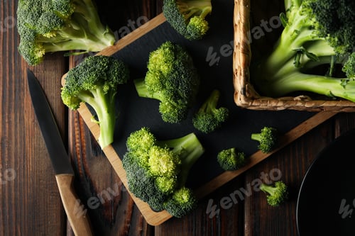 Preview: Board and basket with broccoli on wooden background, top view