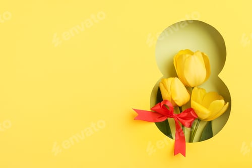 Preview: 8 March greeting card. Paper cut Eight made of yellow background and fresh spring flowers bouquet of