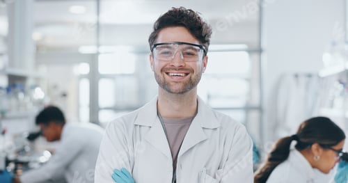 Preview: Portrait, scientist and happy man in lab for research, career and job as biochemist. Confidence, sc