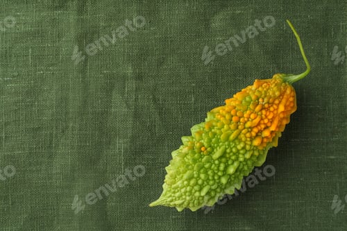 Preview: Fresh bitter melon on dark green cloth, top view. Space for text