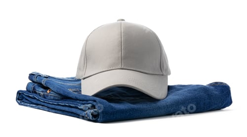 Preview: Grey Baseball Cap Placed on Folded Blue Jeans Against White Background