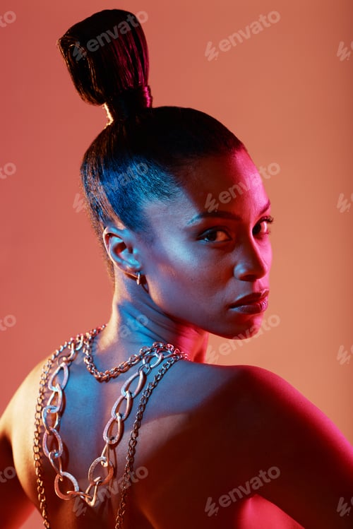 Preview: Beauty, jewellery and portrait of a woman in a studio with neon lights for aesthetic and cosmetics.