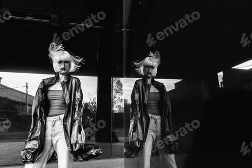 Preview: Fashion of the future. Futuristic blonde in red space.