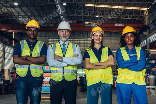 Preview: Worker standing in the factory. Group Staff Standing In Engineering Factory.
