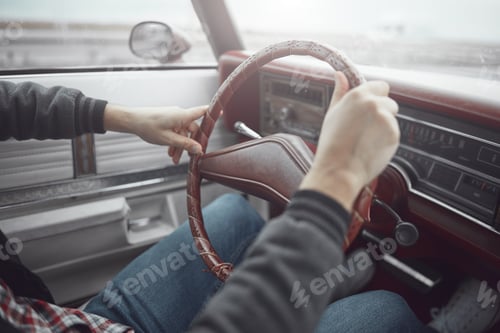 Preview: Man In Retro Clothes Driving Vintage American Car.