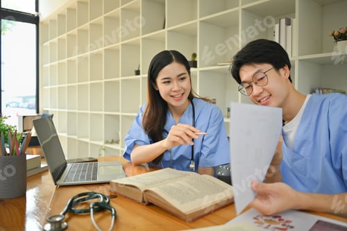 Preview: Medical student preparing for university exams, discuss patient diagnosis in library.