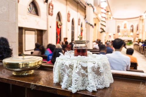 Preview: Catholics bread and wine in chalice with crucifix