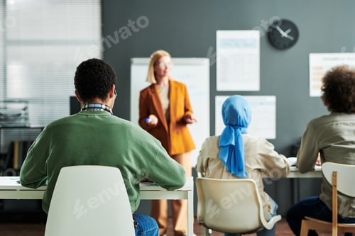 Preview: Rear view of multicultural audience attending lesson of foreign language