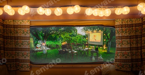 Preview: Summer cinema in the evening, view from camper window