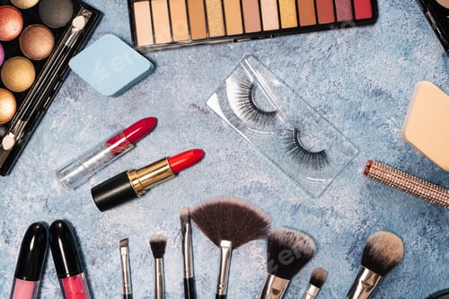Preview: set of decorative cosmetics, makeup brushes false eyelashes on a blue background. the view from top