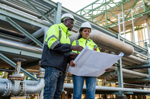 Preview: Engineer holding blueprint drawing to checking gas pipeline.