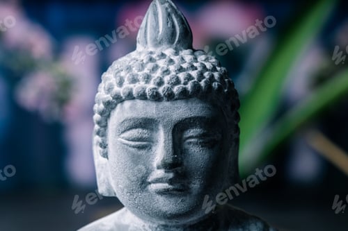 Preview: stone statue of buddha on a stone window sill surrounded by flowers and smoke - asian celebrations