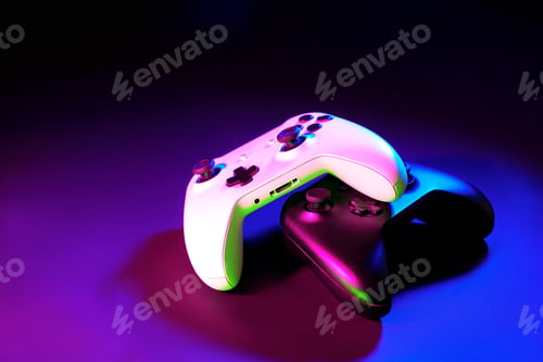 Preview: Gaming joystick on black background in neon light