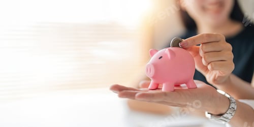 Preview: Woman Saving Money with Pink Piggy Bank