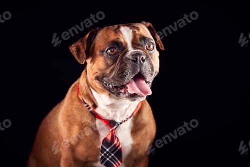 Preview: Studio Portrait Of Bulldog Puppy Wearing Tie Against Black Background