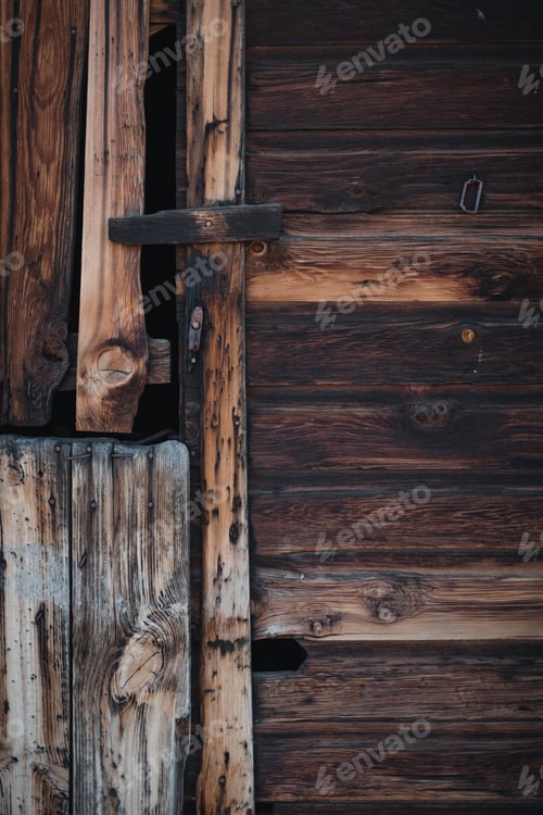 Preview: Vertical of the wooden barn door with the lock on it, USA, Montana