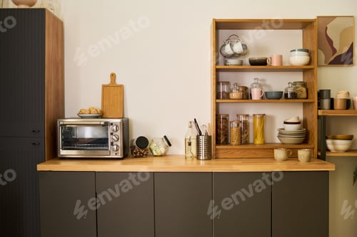 Preview: Modern Kitchen Countertop Displaying Assorted Tableware and Appliances