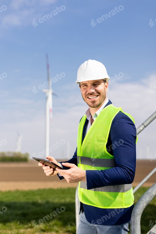 Preview: Smiling Engineer With Tablet Inspecting Wind Turbines On A Sunny Day