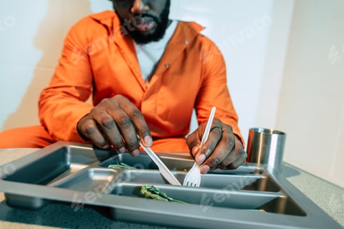 Preview: cropped image of african american prisoner eating in prison cell