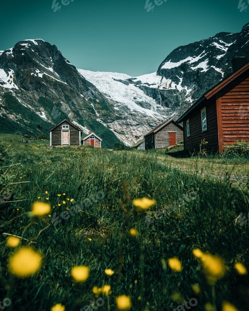 Preview: Vertical shot of small wooden buildings in a green field with snowy mountains in the background