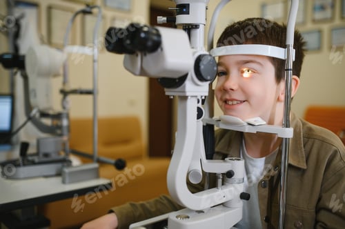 Preview: Boy undergoing eyesight examination with slit lamp biomicroscope in ophthalmology clinic